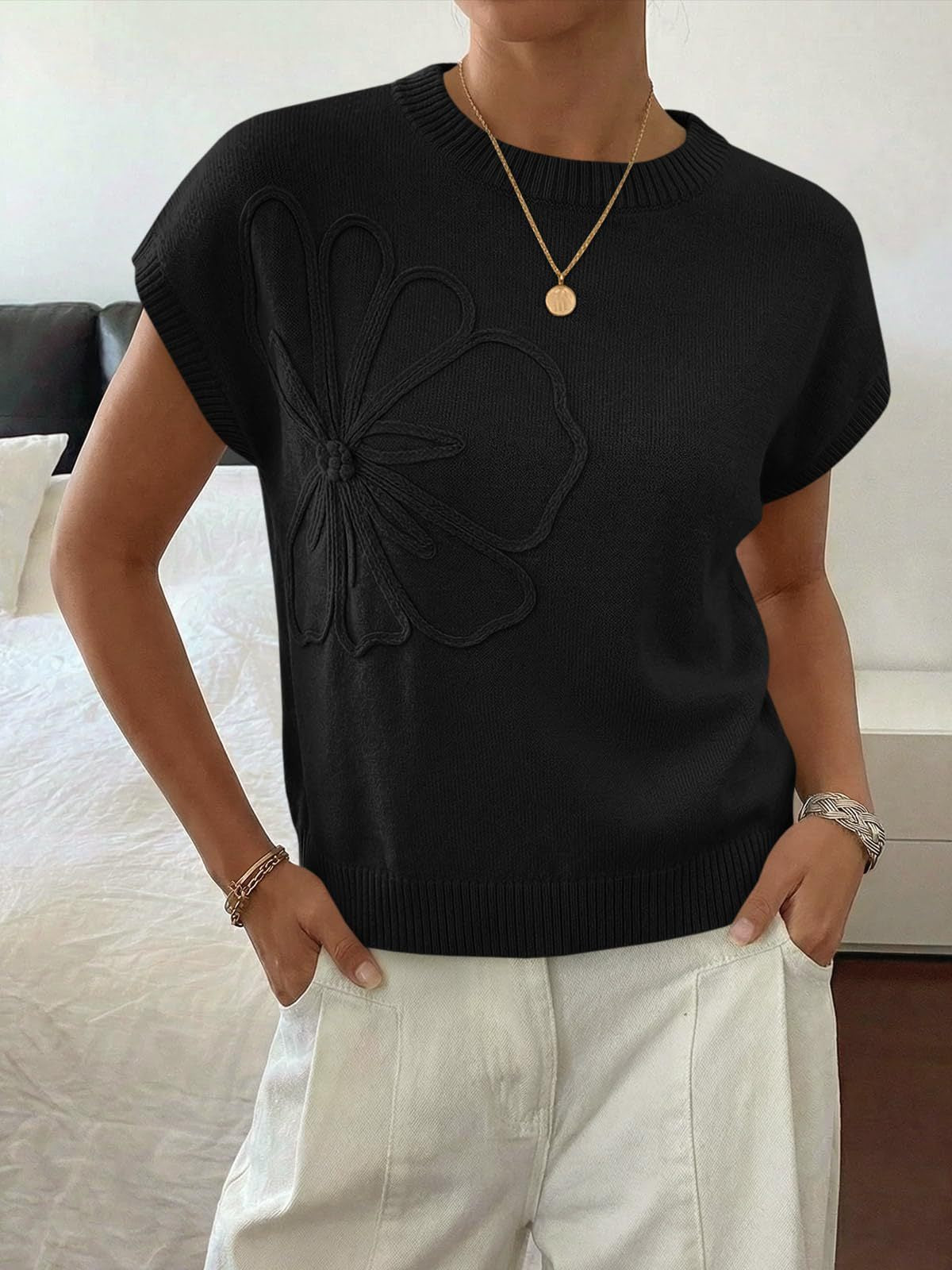 Women's Short Sleeve Business Casual Sweater | 3D Floral, Pullover, Tank Tops, Knit Vest,Work Top