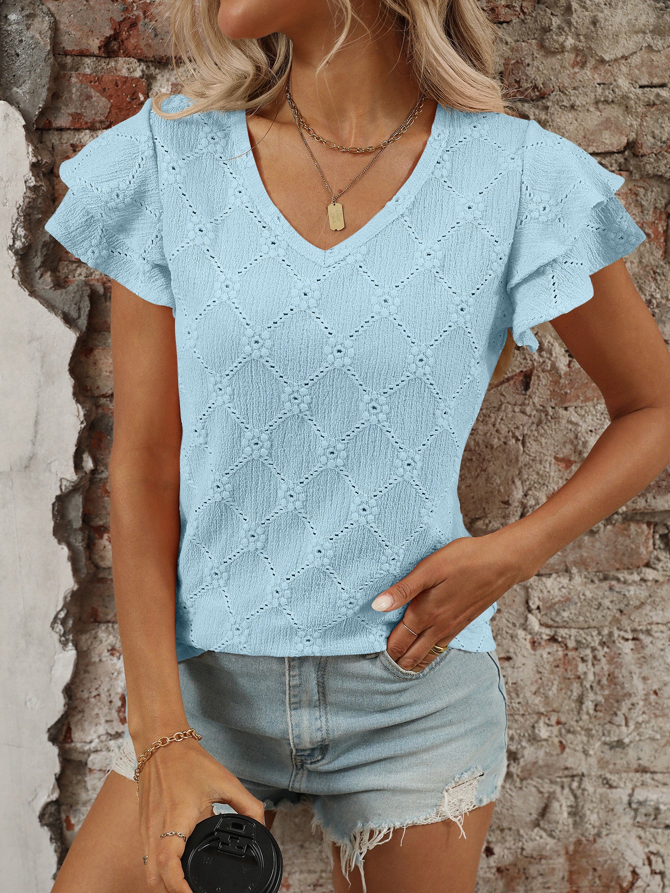 Women's Flutter Sleeve Textured Top – Loose Fit Summer Blouse