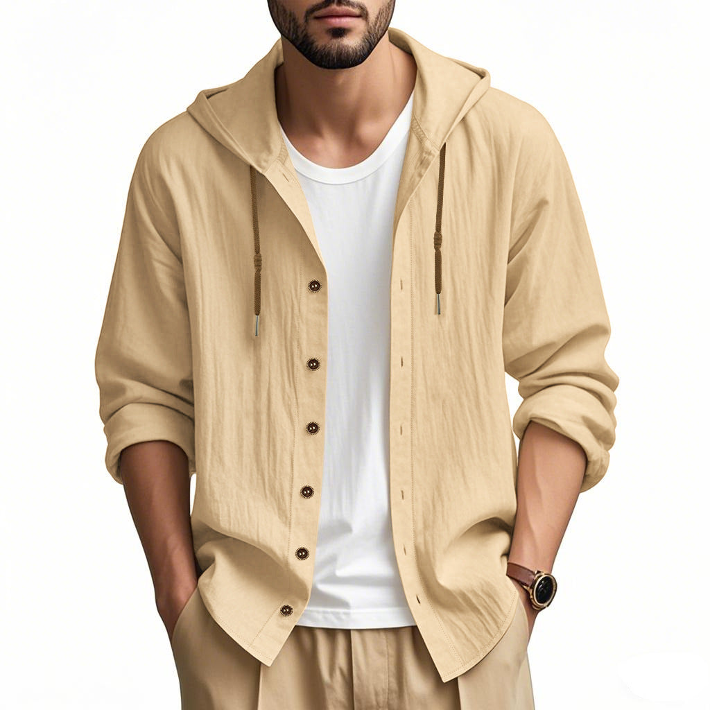 Men's 100% Cotton Hooded Long-Sleeve Shirt – Slim Drawstring Layer