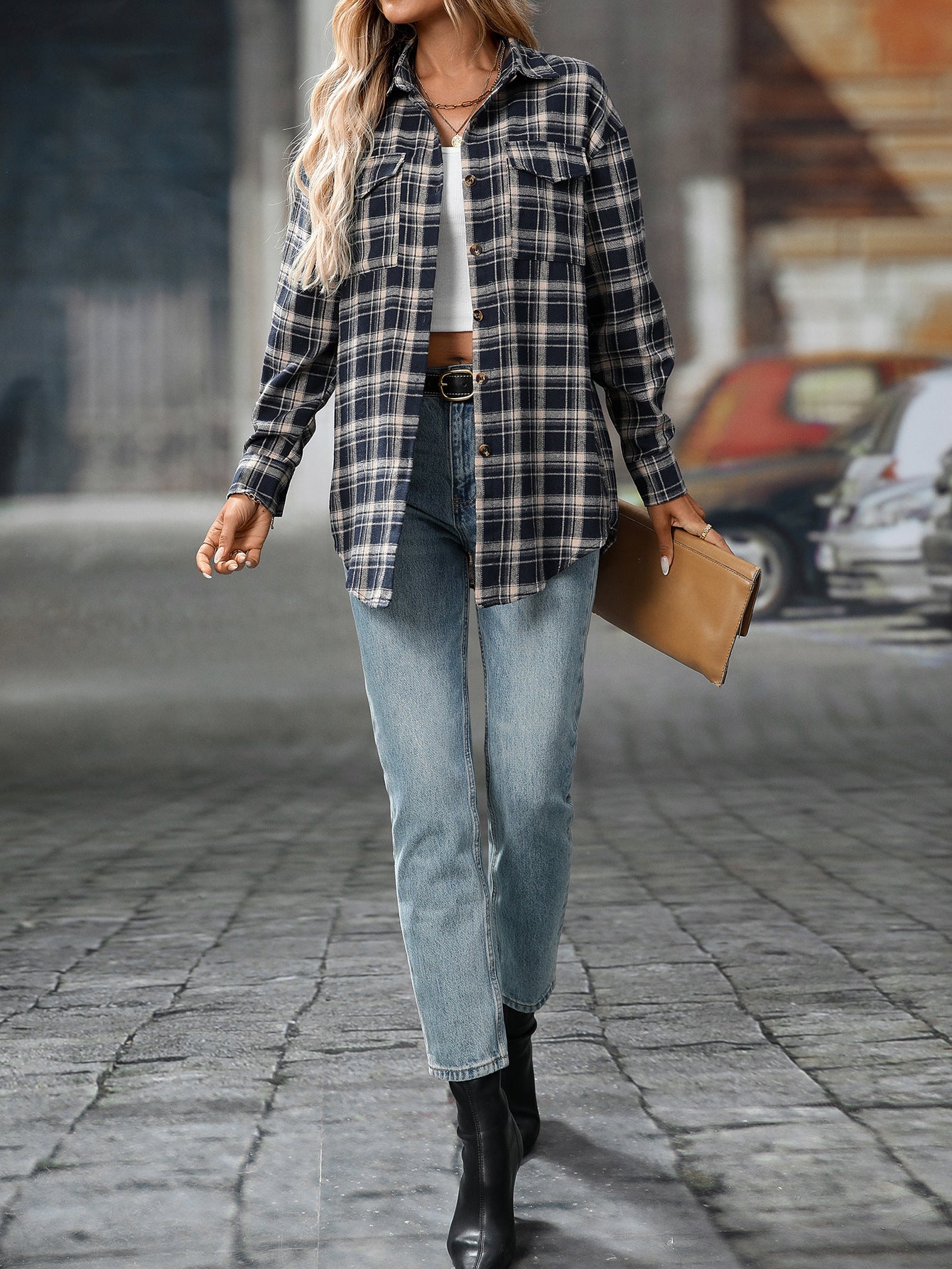 Women's Oversized Plaid Button-Down Shirt with Pockets – Long Sleeve Casual Shacket