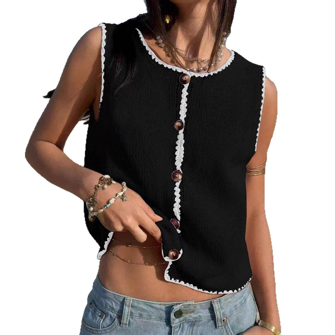 Women's Contrast Trim Knit Tank Top  Sleeveless Sweater Vest Bottom