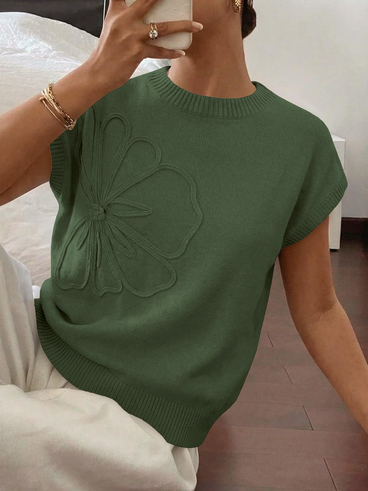 Women's Short Sleeve Business Casual Sweater | 3D Floral, Pullover, Tank Tops, Knit Vest,Work Top