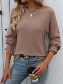 Women's Ribbed Long Sleeve Crew Neck Top – Relaxed Fit Ruffle Cuff Tee