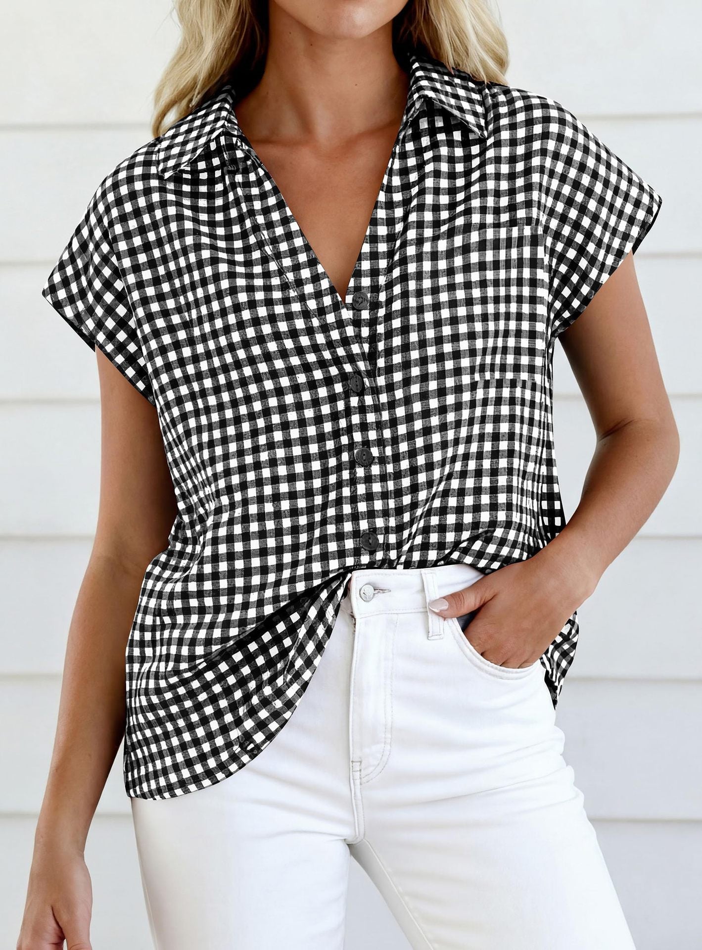 Women's Plaid Short Sleeve Button-Down V Neck Collared Stripes Shirt – Relaxed Casual Blouse