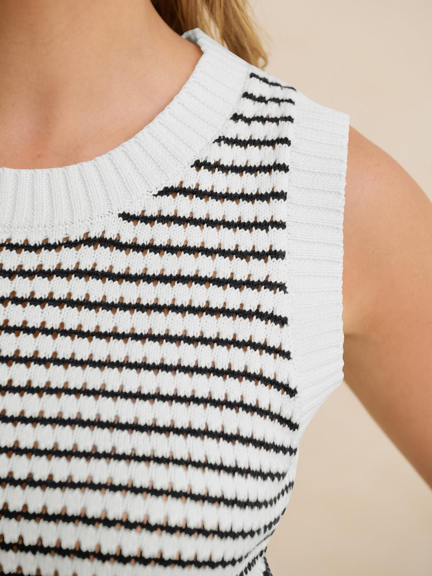 Women's Striped Open Knit Sweater Vest – Sleeveless Crew Neck Crochet Tank Top Lightweight Layering Top
