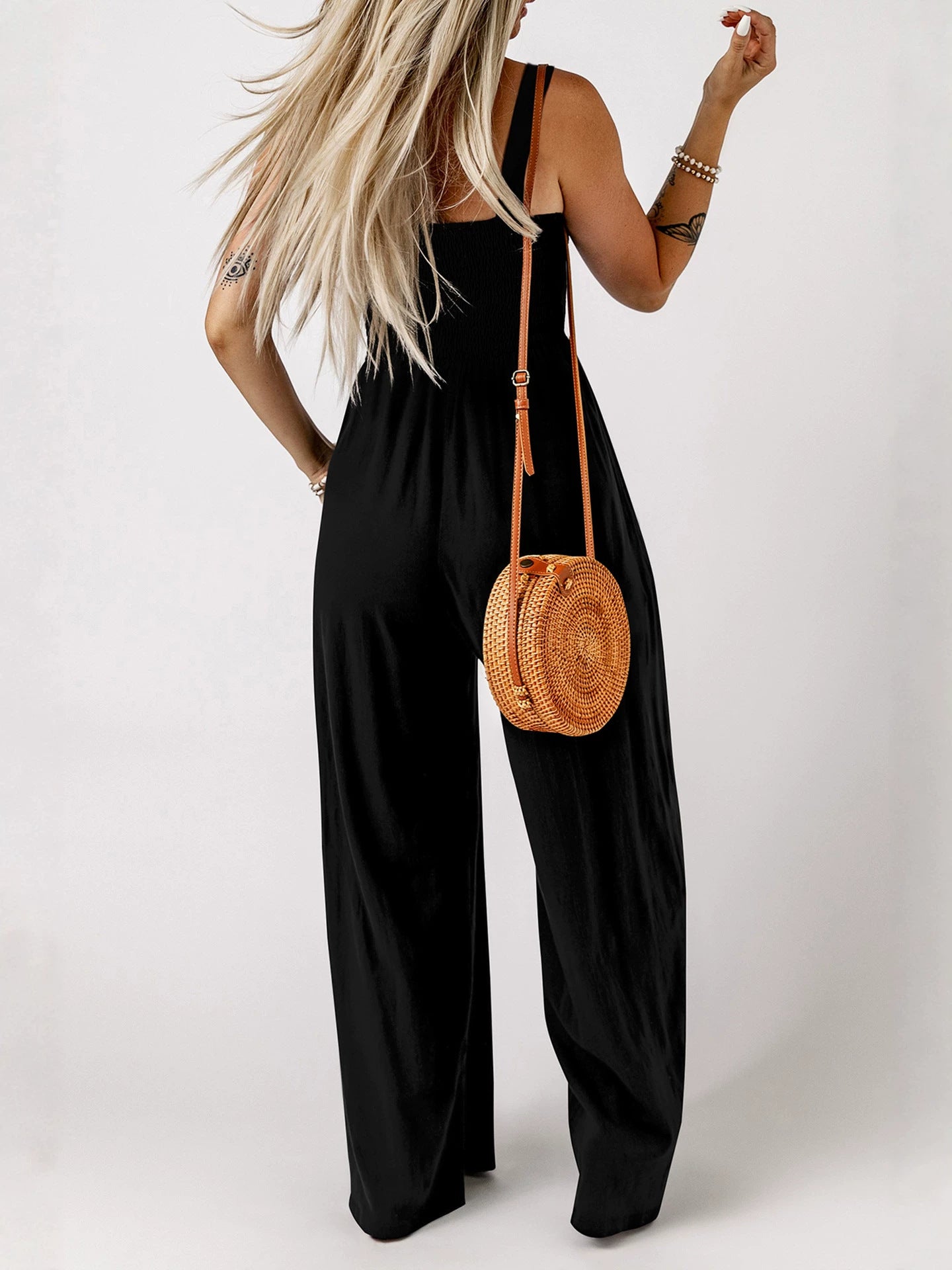 Women's Smocked Wide-Leg Jumpsuit – Sleeveless High-Waist Pocket Romper (Fashion Colors)
