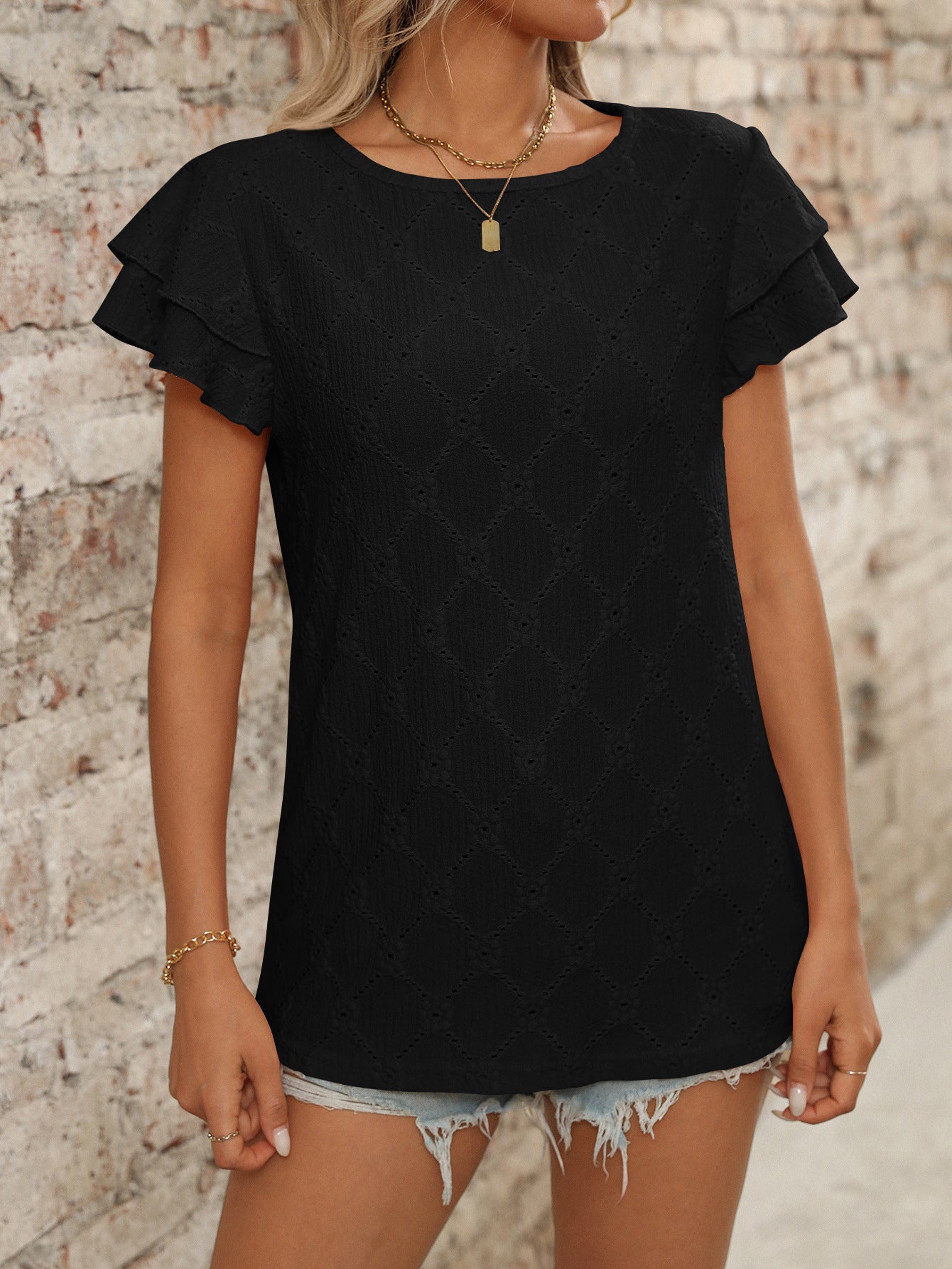 Women's Eyelet Flutter Sleeve T-Shirt – Relaxed Crew Neck Summer Top