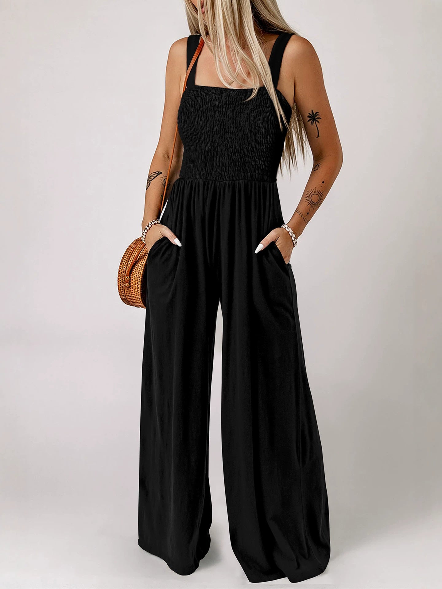 Women's Smocked Wide-Leg Jumpsuit – Sleeveless High-Waist Pocket Romper (Fashion Colors)