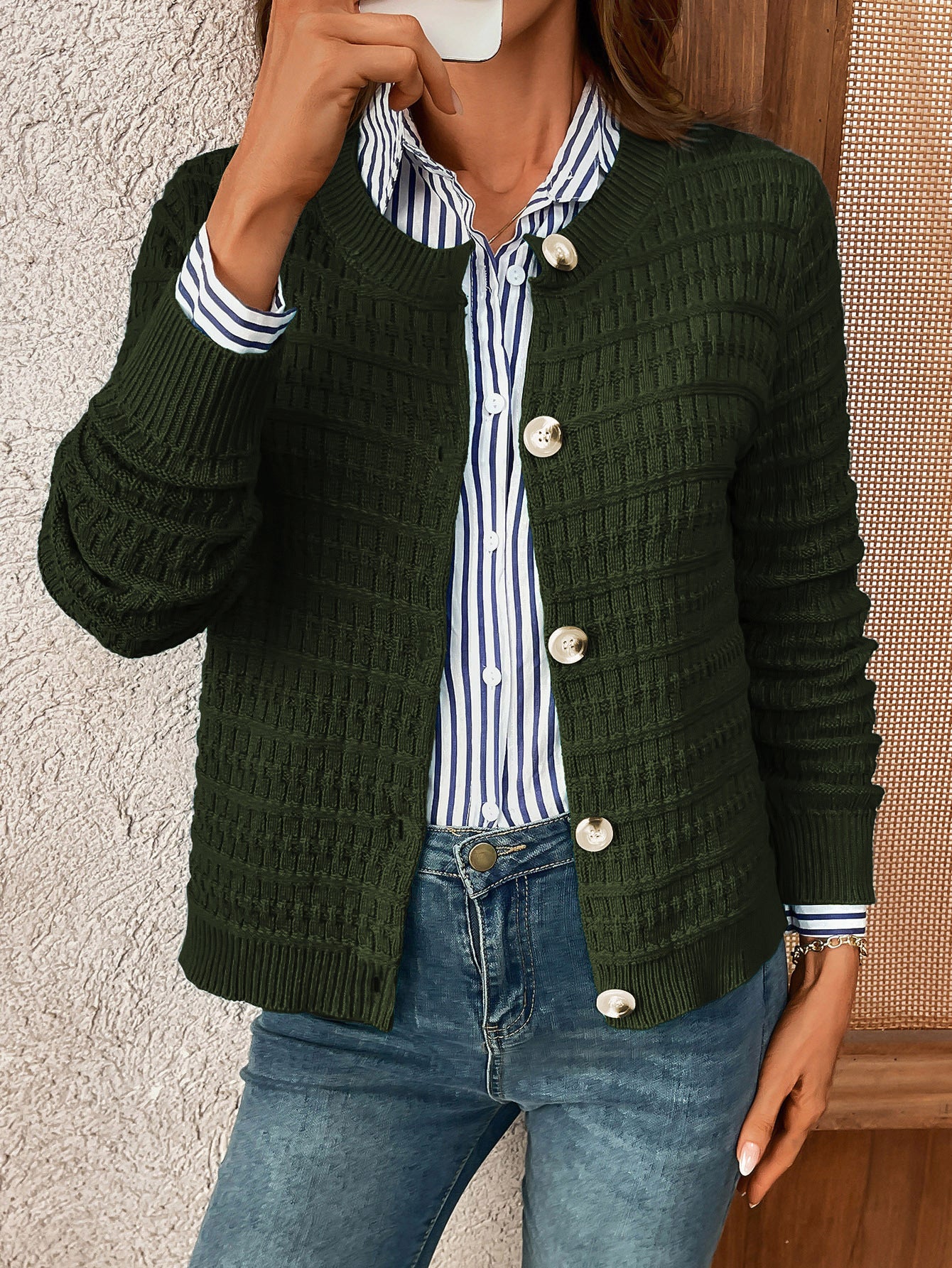 Women's Textured Button-Front Knit Cardigan – Crew Neck Long Sleeve Sweater Jacket