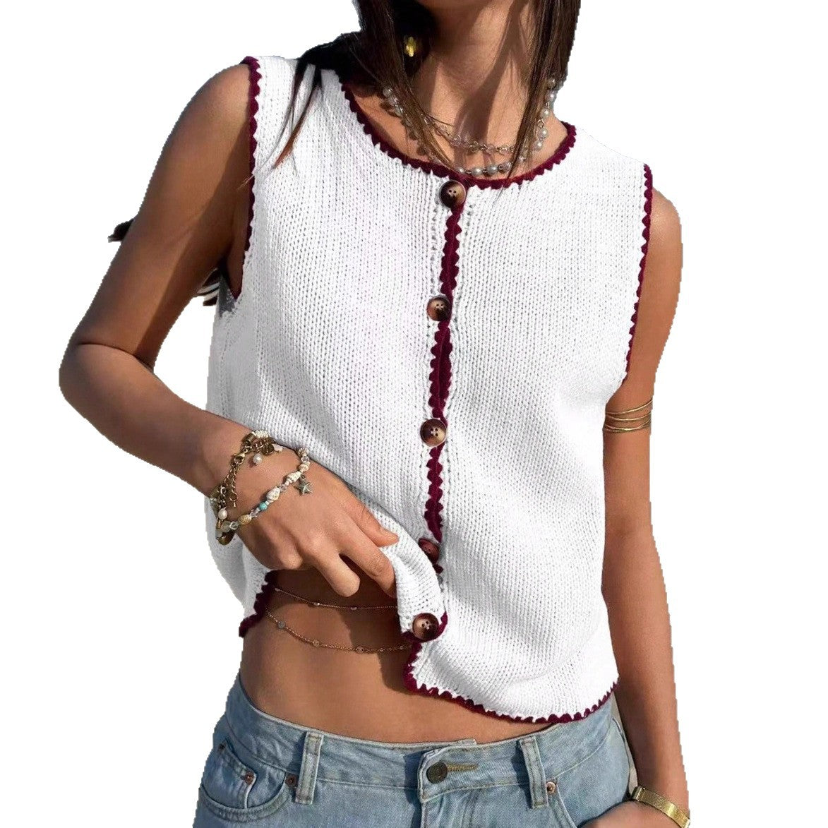 Women's Contrast Trim Knit Tank Top  Sleeveless Sweater Vest Bottom