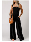 Women's Smocked Wide-Leg Jumpsuit – Sleeveless High-Waist Pocket Romper (Fashion Colors)