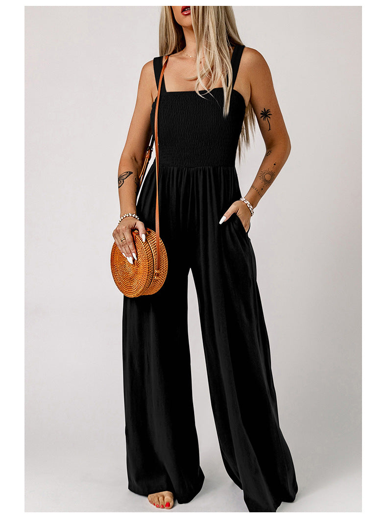 Women's Smocked Wide-Leg Jumpsuit – Sleeveless High-Waist Pocket Romper (Fashion Colors)