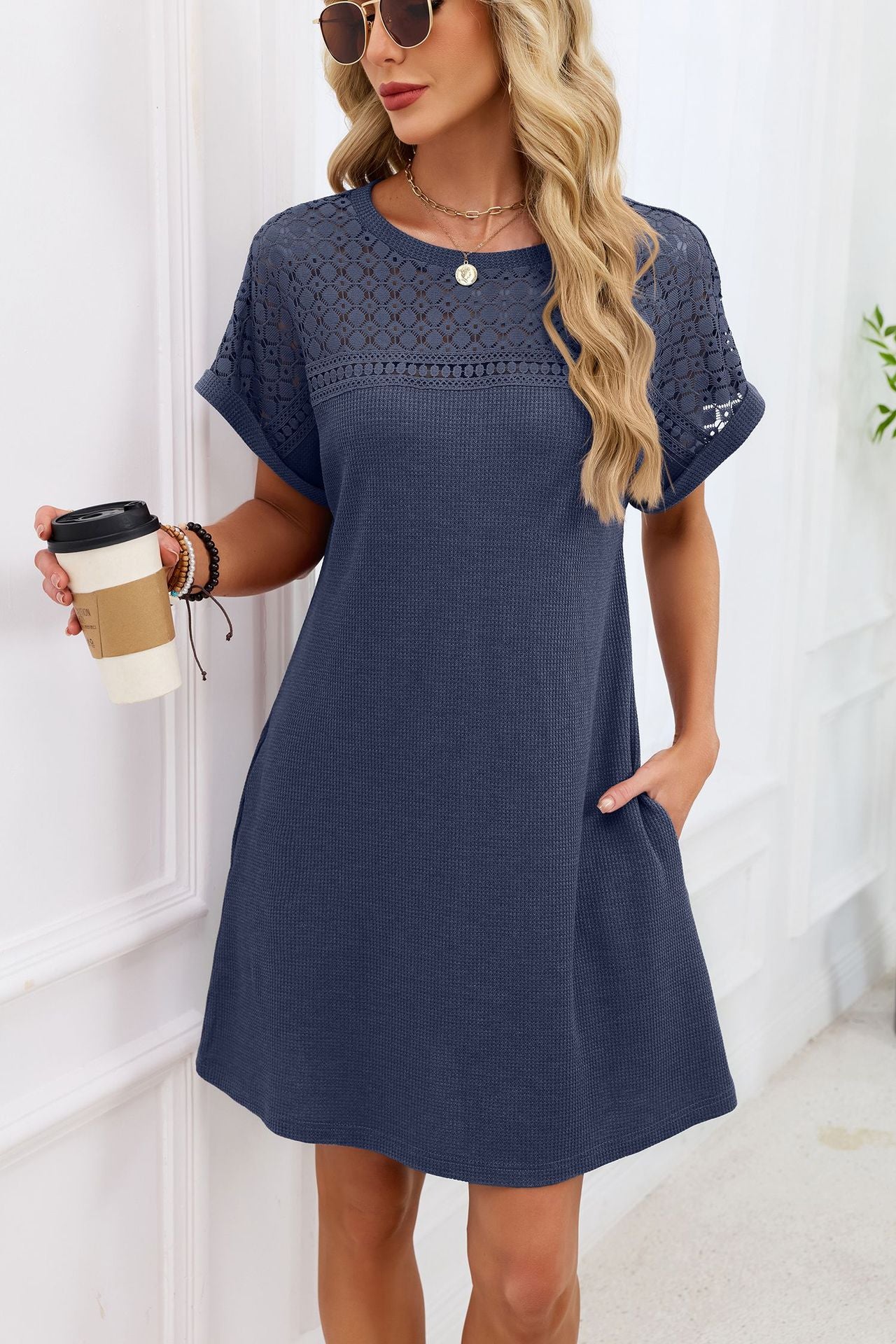 Women’s Solid Crew Neck Loose-Fit Short Sleeve Dress with Lace Paneling