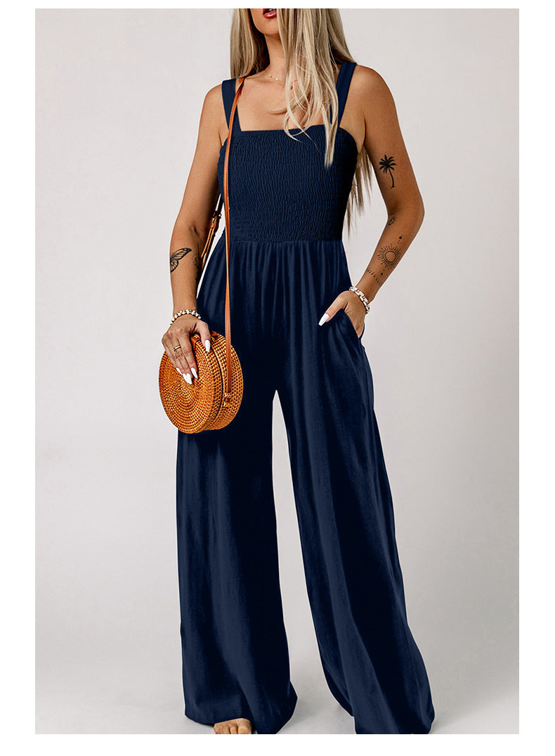 Women's Smocked Wide-Leg Jumpsuit – Sleeveless High-Waist Pocket Romper (Fashion Colors)