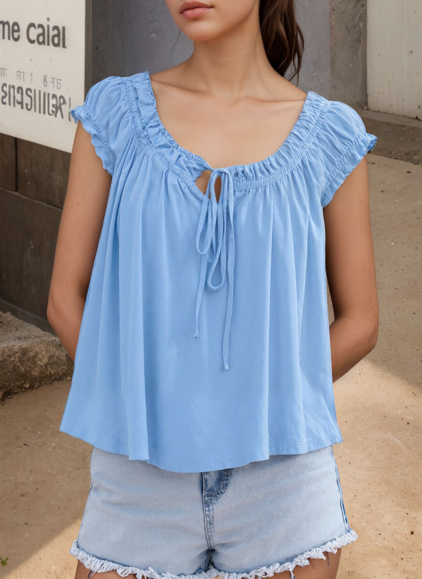 Women's Ruched Tie Front Tank Top – Sleeveless Babydoll Blouse with Scoop Neck Flowy Summer Peplum Top