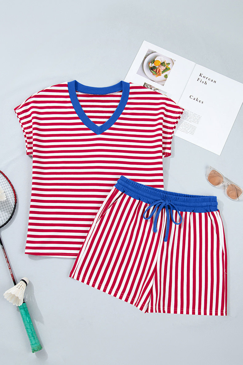 Women's Striped V-Neck Two Piece Shorts Set – Color Block Casual Lounge Outfit