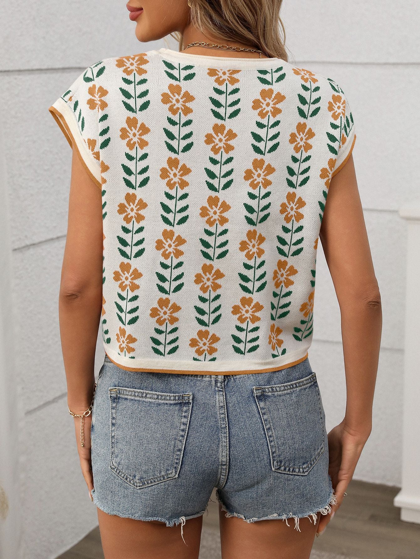 Women's Floral Cap Sleeve Knit Top – Crew Neck Cropped Sweater Vest