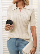 Women's Cable Knit Polo Sweater – Short Sleeve V-Neck Pullover POLO