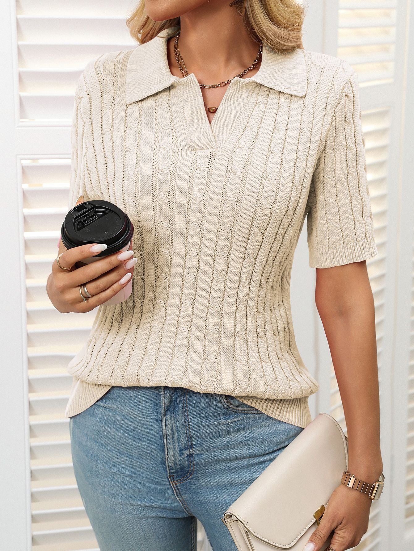 Women's Cable Knit Polo Sweater – Short Sleeve V-Neck Pullover POLO