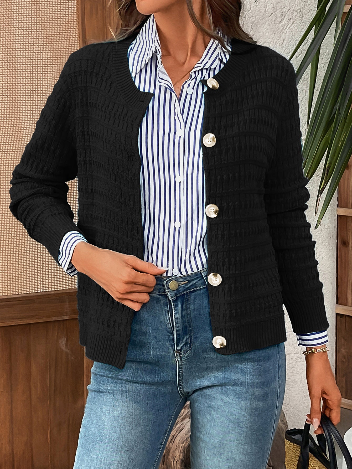 Women's Textured Button-Front Knit Cardigan – Crew Neck Long Sleeve Sweater Jacket