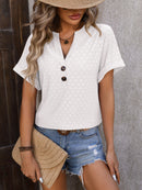 Women's Textured V-Neck Button Short Sleeve Top – Loose Fit Casual Summer Tee