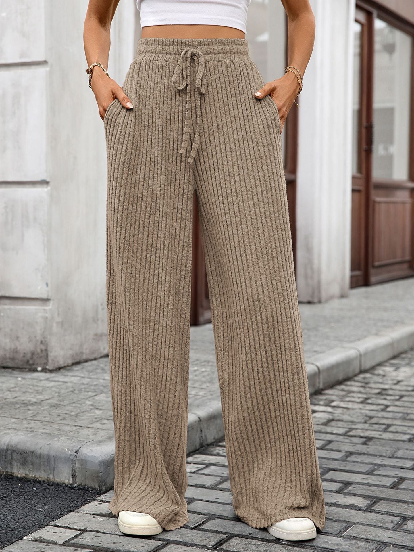 Women’s Solid Ribbed Brushed Lounge Pants with Drawstring Elastic Waist