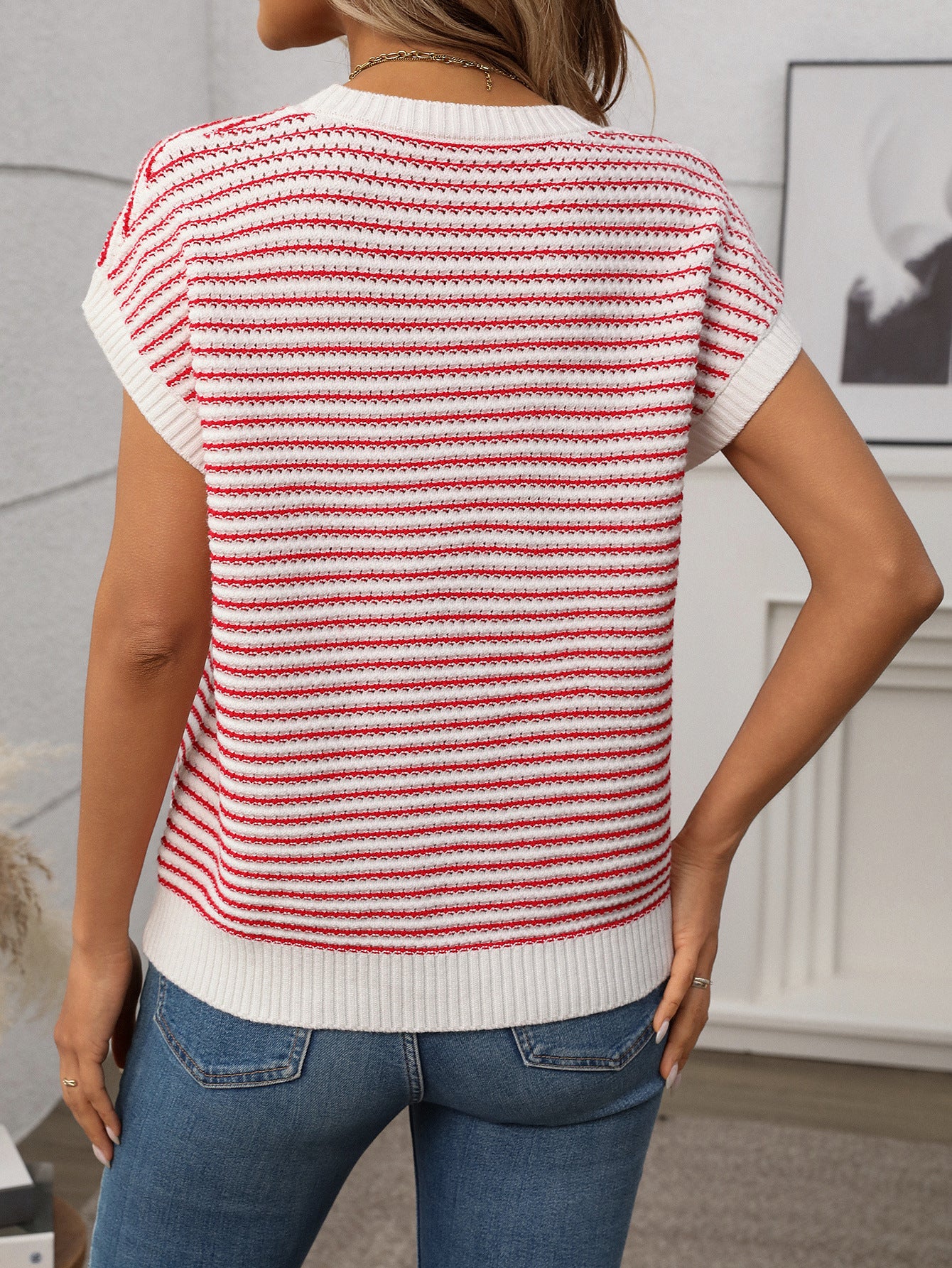 Women's Striped Short Sleeve Sweater – Contrast Crew Neck Knit Top