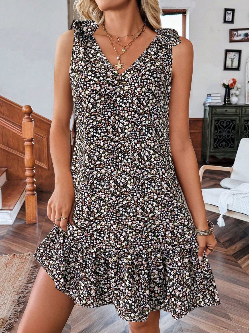 Women's Floral V-Neck Mini Dress – Sleeveless Ruffle Hem Summer Sundress