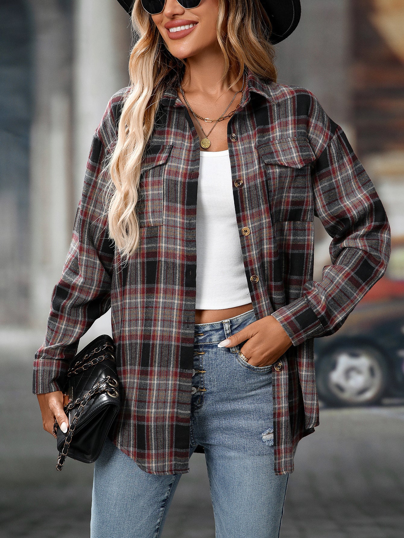 Women's Oversized Plaid Button-Down Shirt with Pockets – Long Sleeve Casual Shacket