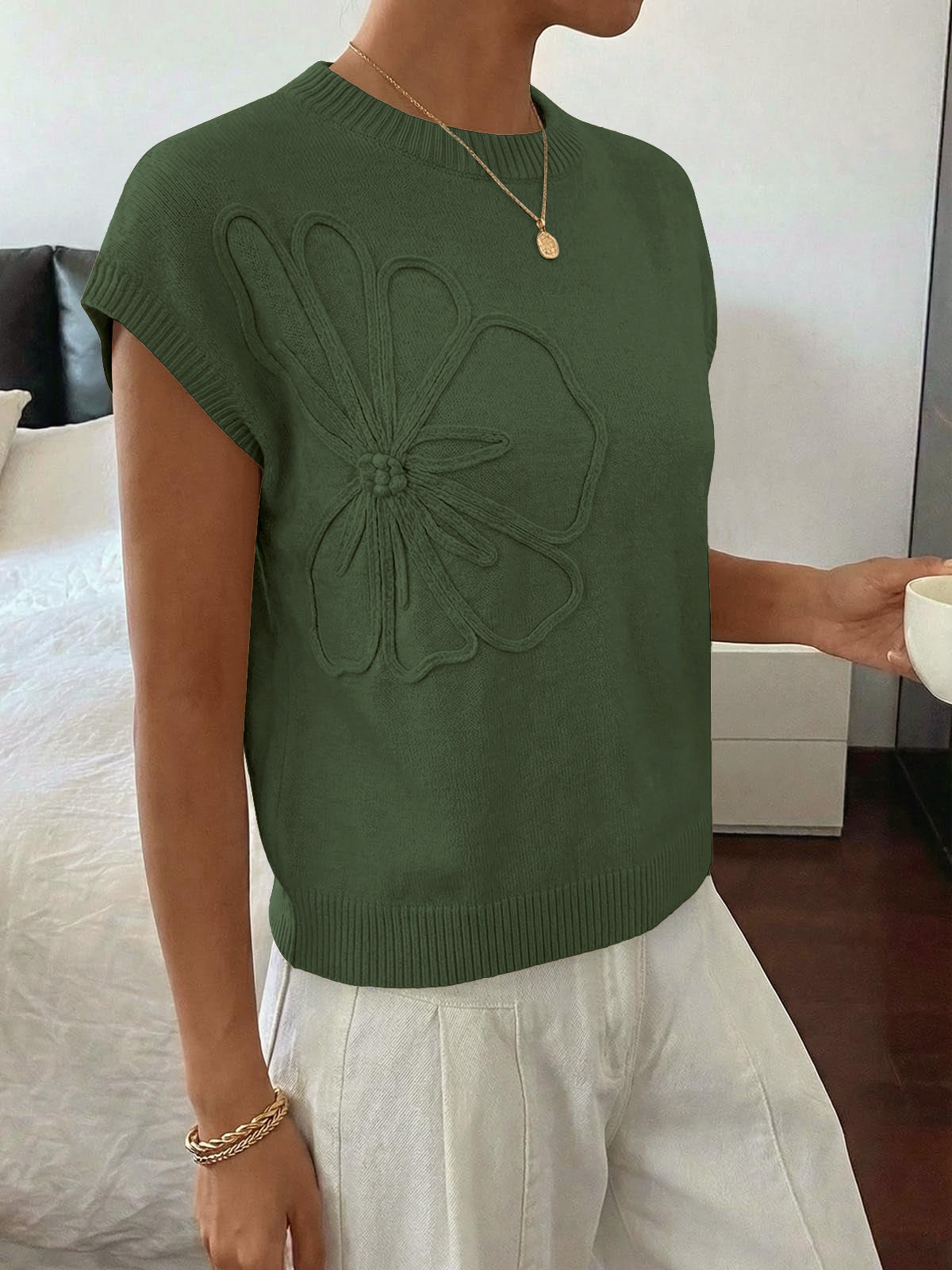 Women's Short Sleeve Business Casual Sweater | 3D Floral, Pullover, Tank Tops, Knit Vest,Work Top