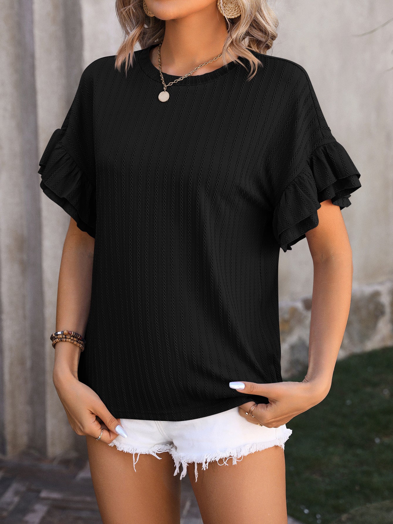Women's Ruffle Sleeve Crew Neck T-Shirt – Relaxed Fit Short Sleeve Casual Summer Top with Solid Color Design
