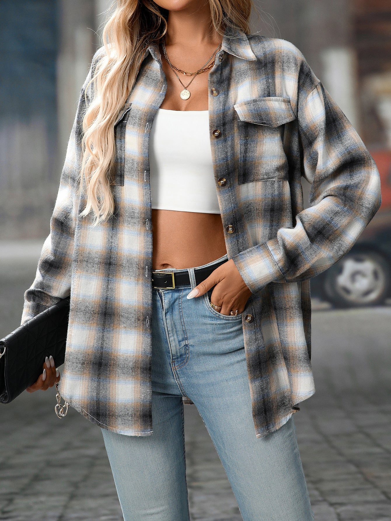 Women's Oversized Plaid Button-Down Shirt with Pockets – Long Sleeve Casual Shacket