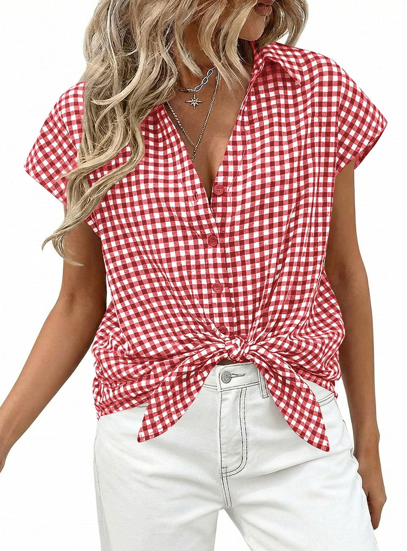 Women's Plaid Short Sleeve Button-Down V Neck Collared Stripes Shirt – Relaxed Casual Blouse