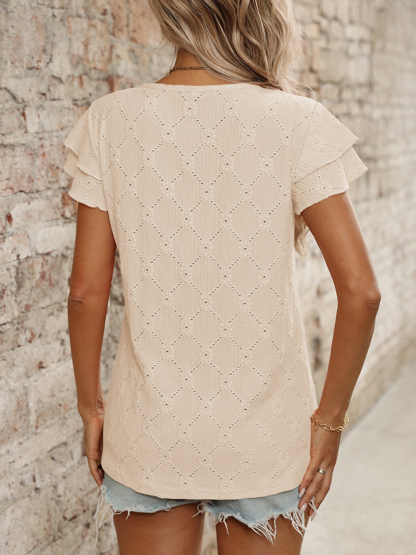 Women's Eyelet Flutter Sleeve T-Shirt – Relaxed Crew Neck Summer Top