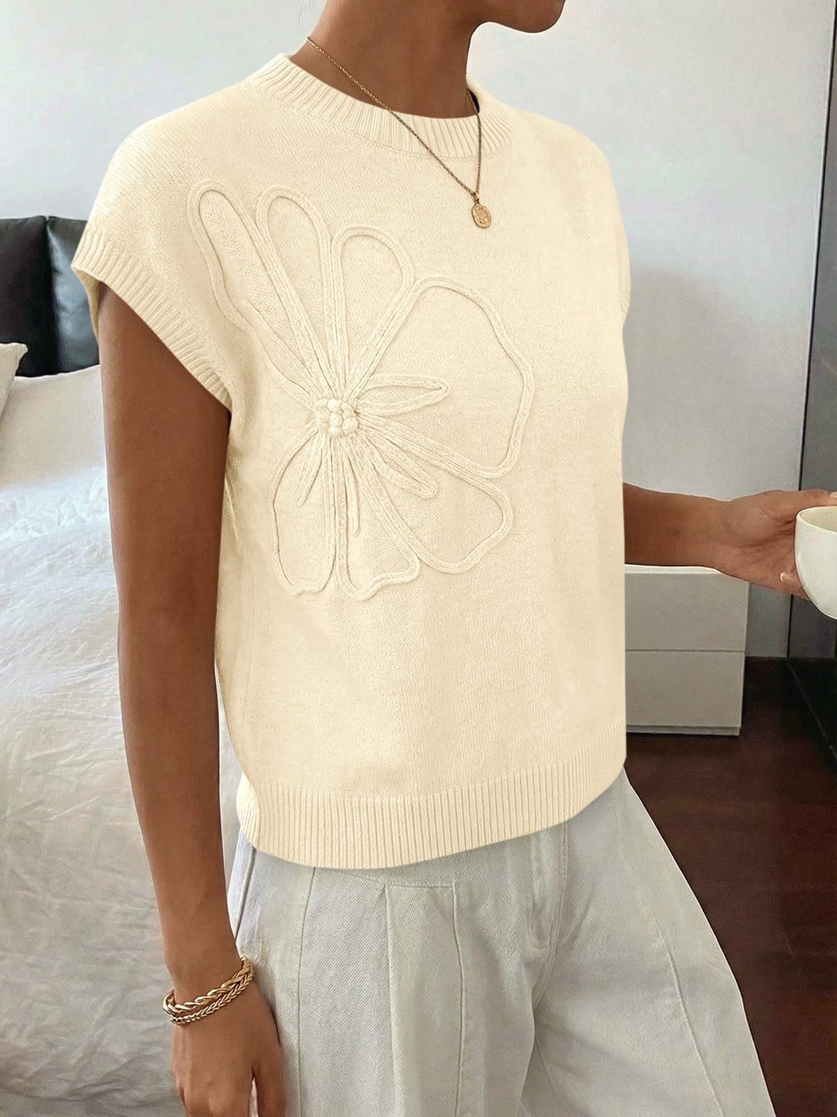 Women's Short Sleeve Business Casual Sweater | 3D Floral, Pullover, Tank Tops, Knit Vest,Work Top