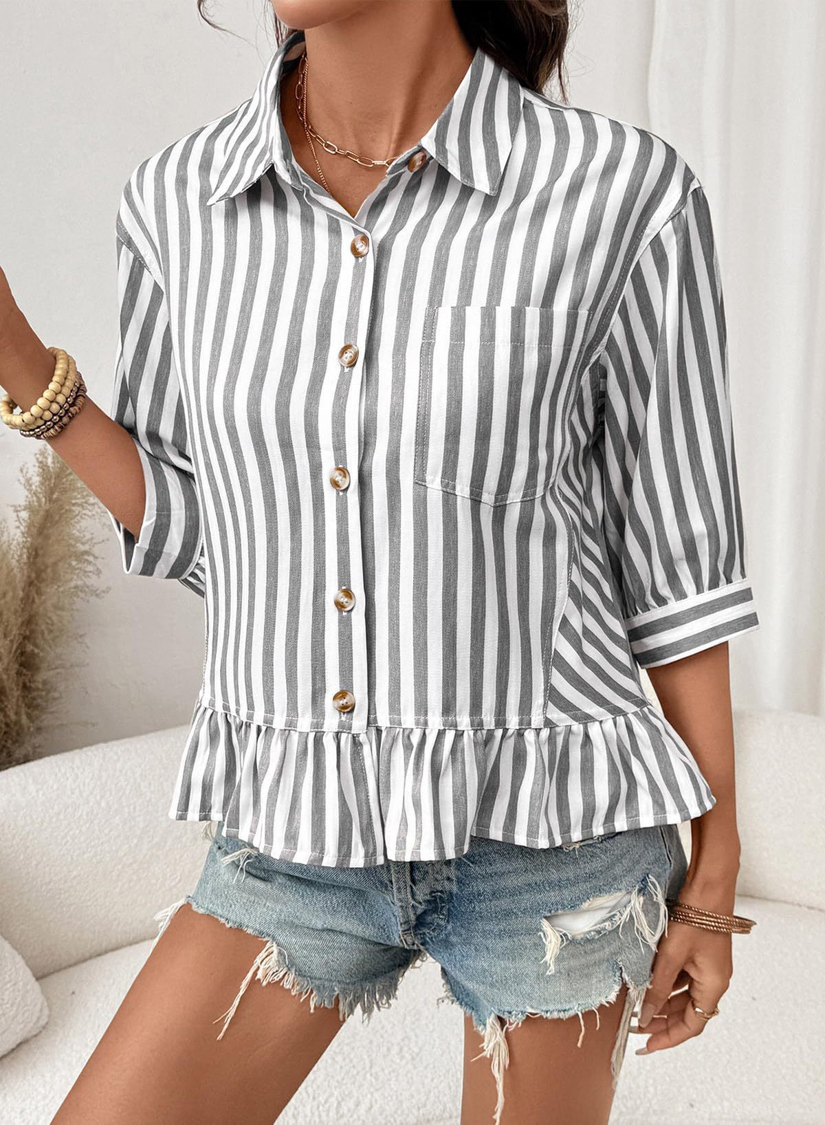 Women's Striped 3/4 Sleeve Button-Down Blouse – Ruffle Cuff Casual Shirt Vacation Outfits