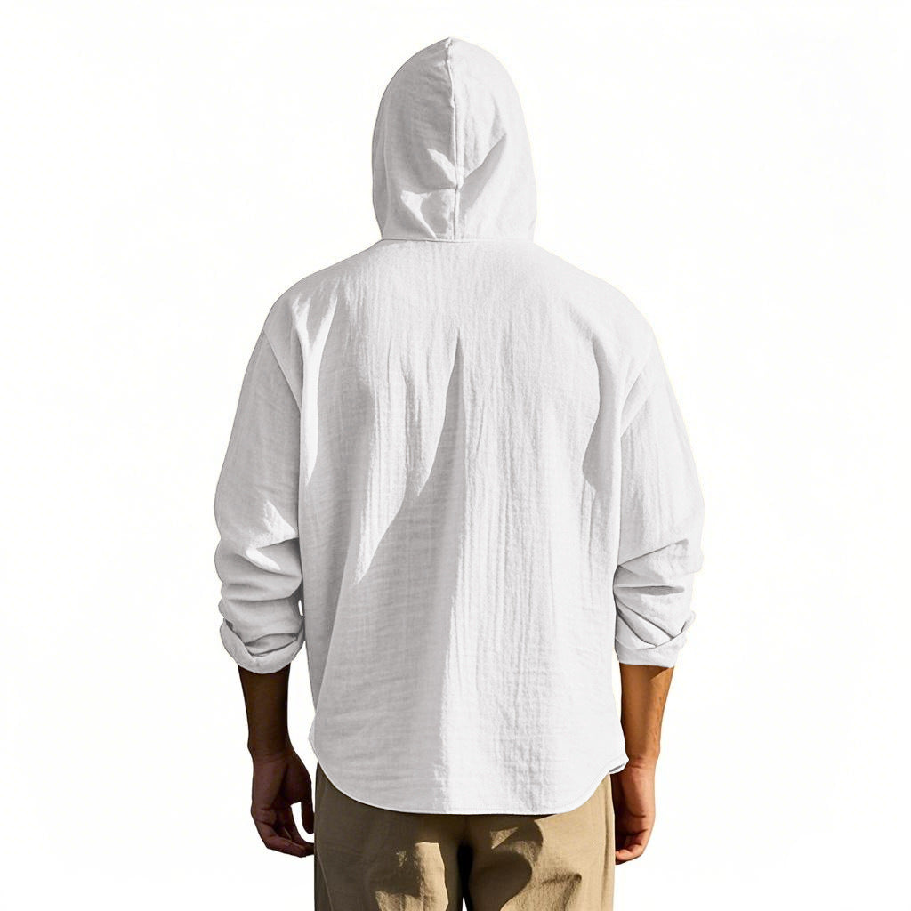Men's 100% Cotton Hooded Long-Sleeve Shirt – Slim Drawstring Layer
