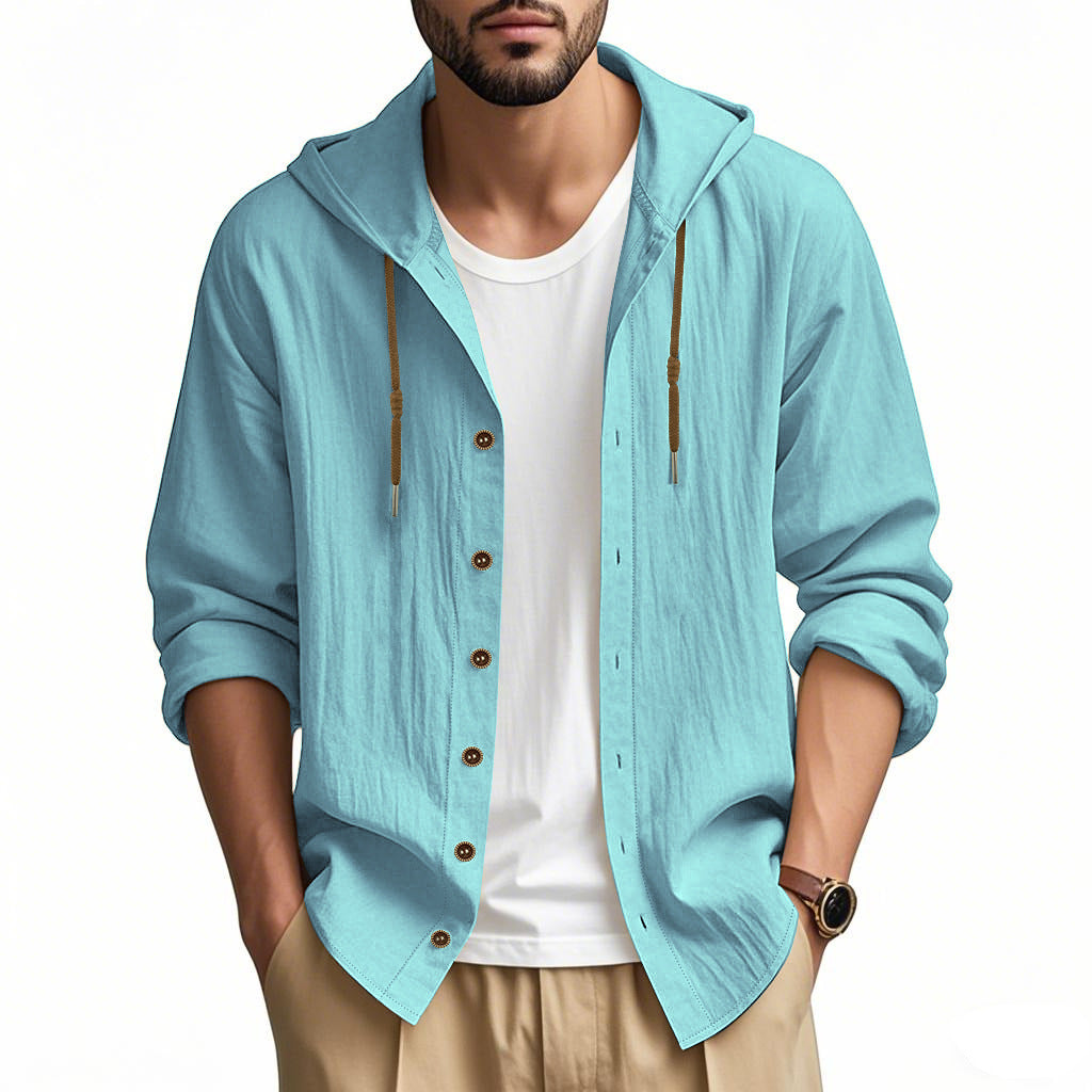 Men's 100% Cotton Hooded Long-Sleeve Shirt – Slim Drawstring Layer
