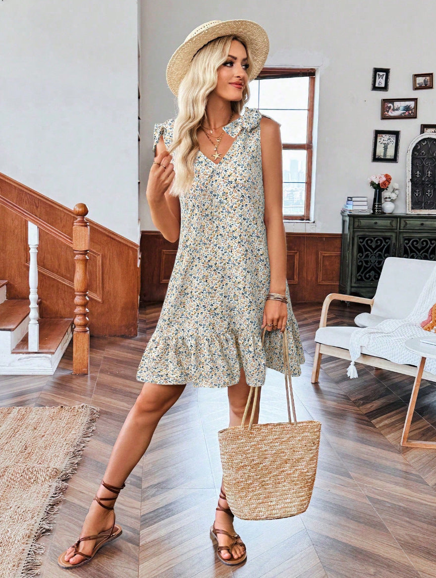 Women's Floral V-Neck Mini Dress – Sleeveless Ruffle Hem Summer Sundress