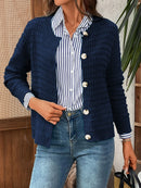 Women's Textured Button-Front Knit Cardigan – Crew Neck Long Sleeve Sweater Jacket