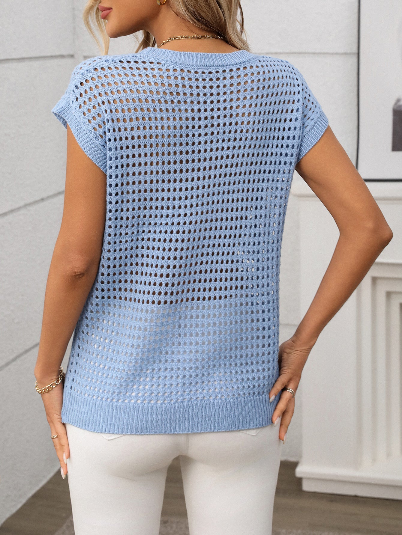 Women's Sleeveless Knit Sweater Top – Crew Neck Hollow Out Summer Cover Up Lightweight Pullover