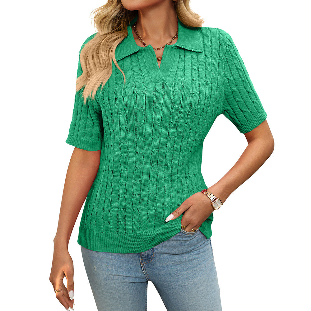 Women's Cable Knit Polo Sweater – Short Sleeve V-Neck Pullover POLO