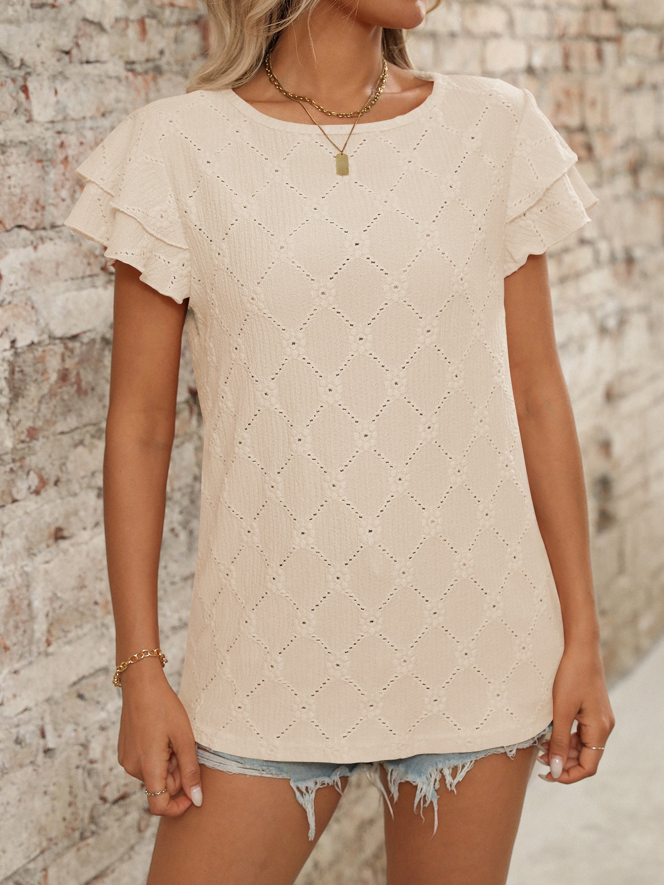 Women's Eyelet Flutter Sleeve T-Shirt – Relaxed Crew Neck Summer Top