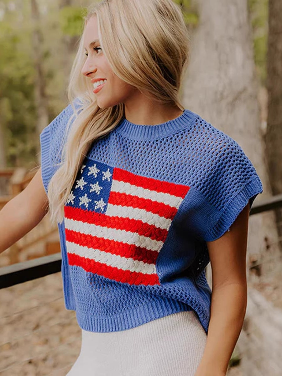 Women's American Flag Short Sleeve Knit Top – Relaxed Crew Neck Sweater Tee