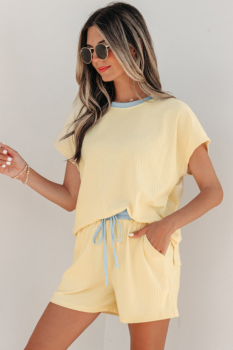 Women's Ribbed Two Piece Shorts Set – Color Block Short Sleeve Lounge Outfit