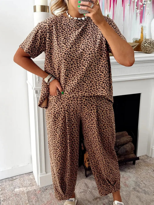Brown Leopard Loose Tee Drawstring Waist Barrel Pants Set – product view 1