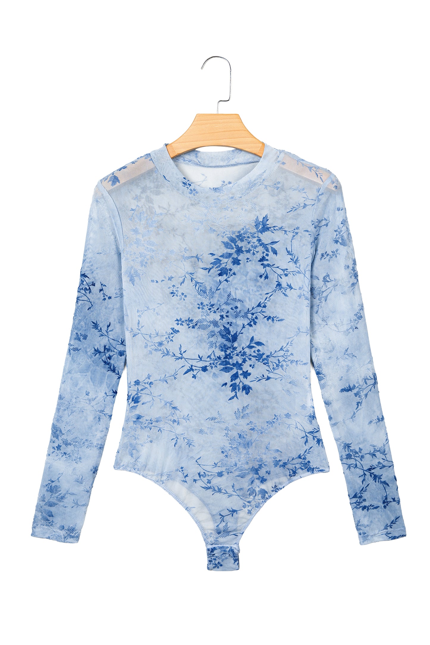 Sky Blue Sheer Mesh Floral Printed Mock Neck Long Sleeve Bodysuit