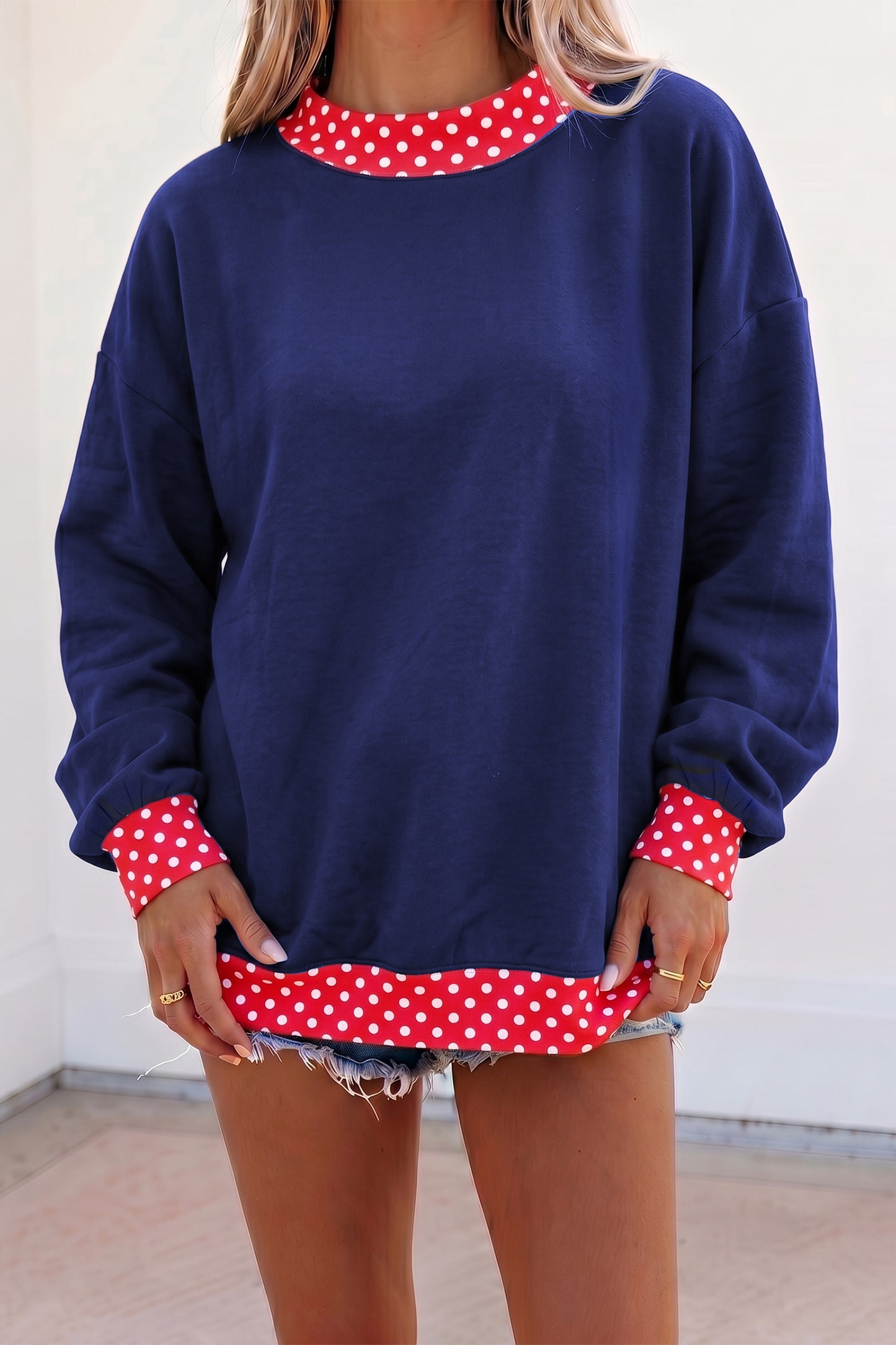 Orange Colorblock Polka Dot Contrast Trim Oversized Sweatshirt
