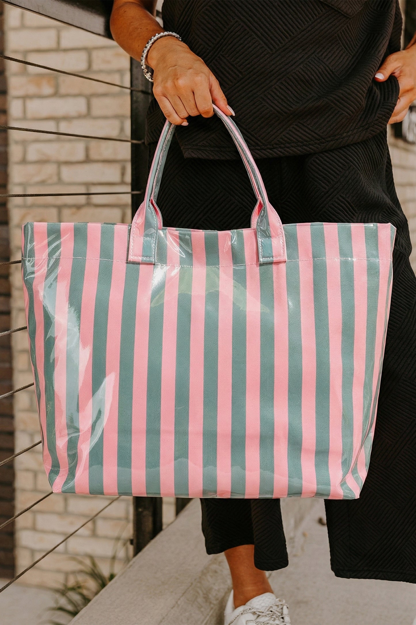 Pink Glossy Striped Vinyl Large Tote Bag (Color Varied)