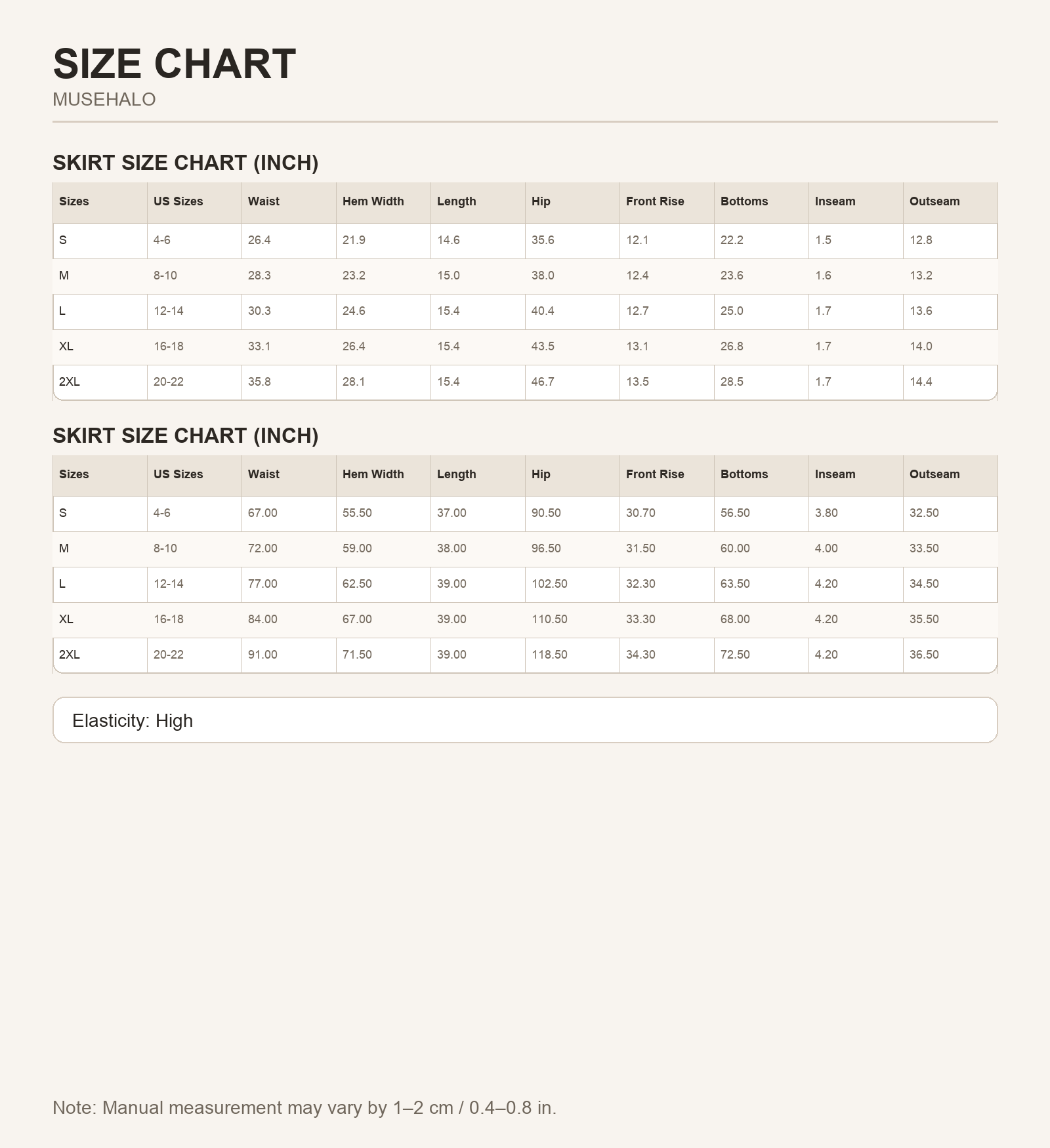 Beige Drawstring Tennis Skorts Size Chart